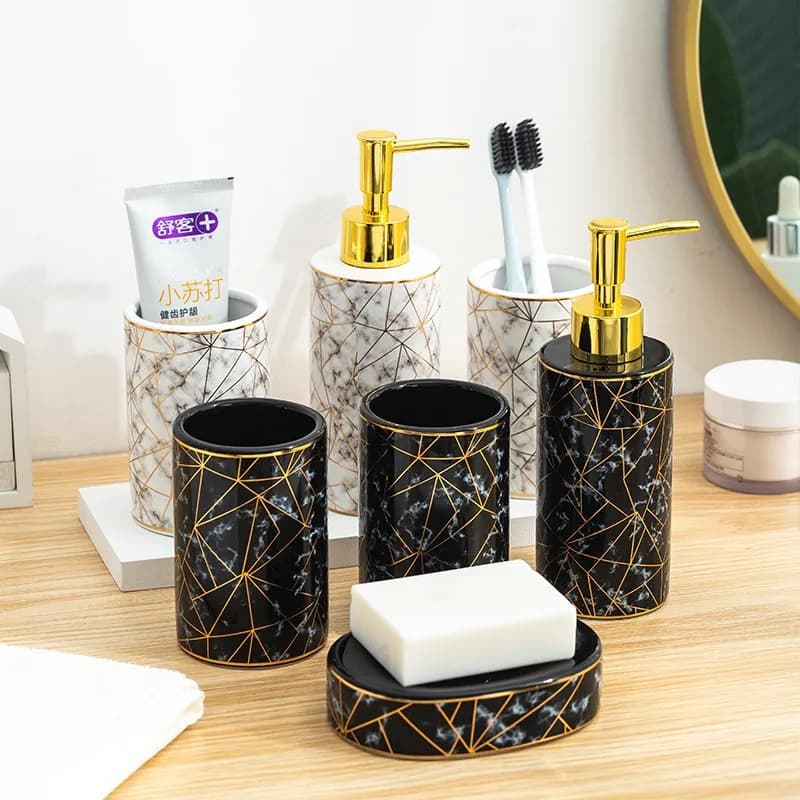 Set da 4 pezzi per bagno con motivo texture in marmo Kit in ceramica del Nord Europa per dispenser di sapone per bagno Portasapone portaspazzolino