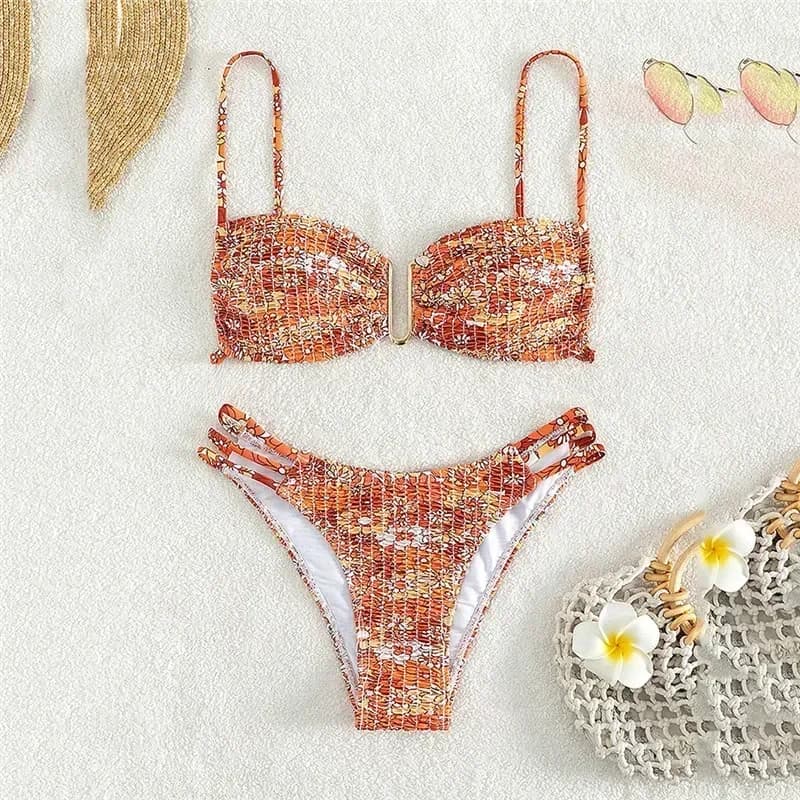 Costume da bagno increspato con stampa floreale Costume da bagno donna con volant a fascia Bikini Set Mujer Costume da bagno sexy con stringhe Biquinis Beachwear Swim