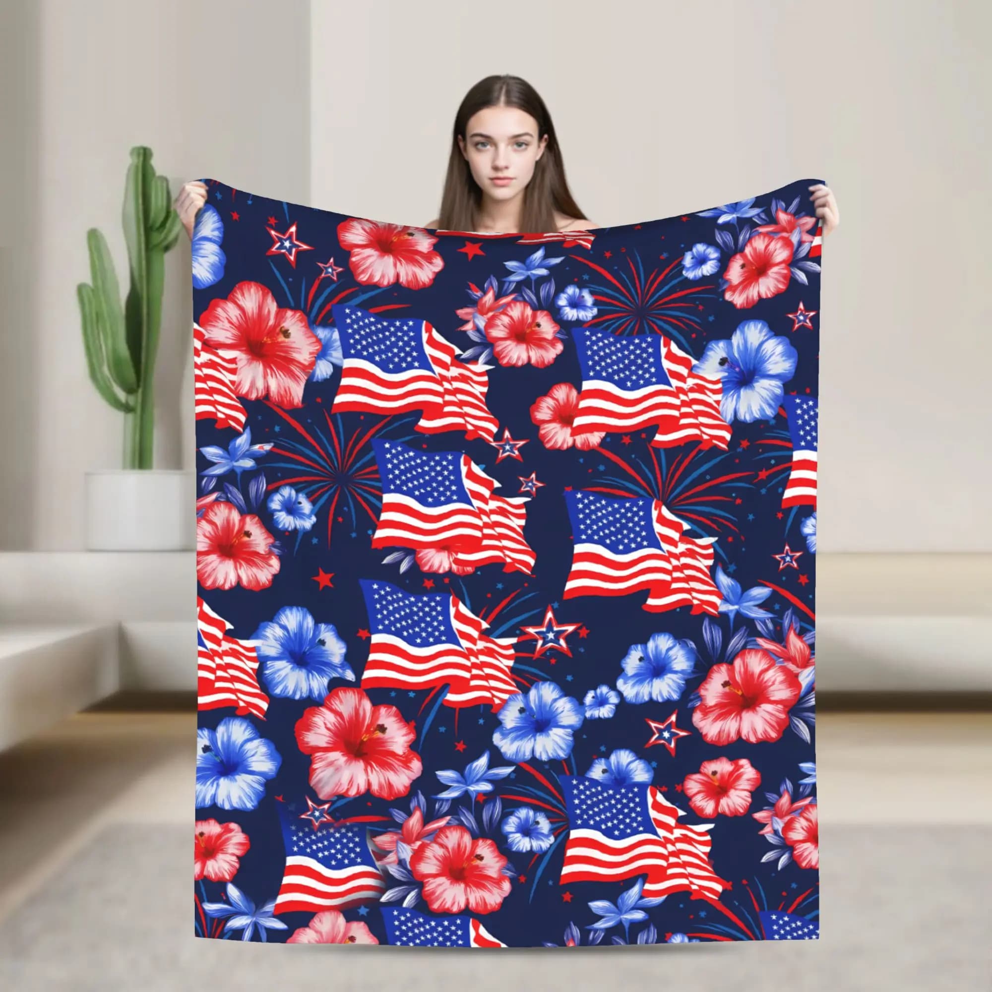 Coperta Morbida e Calda per il 4 Luglio USA, Plaid Decorativo in Peluche, Copriletto alla Moda per Divano e Sedia, Copridivano in Flanella