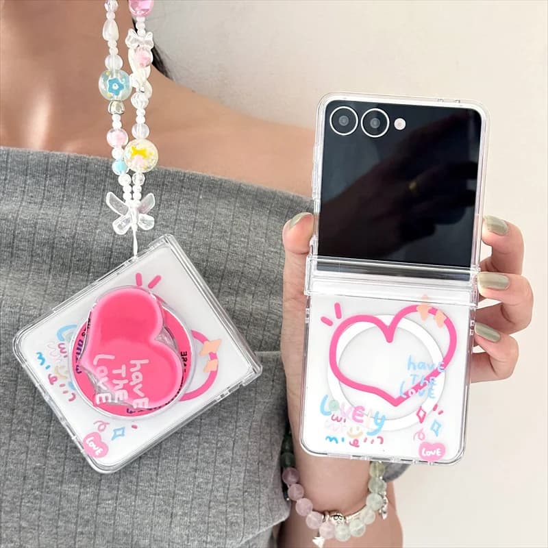 Custodia per telefono con supporto magnetico a forma di cuore coreano carino Graffiti per Samsung Galaxy Z Flip 7 6 5 4 3 Flip6 Flip7 Flip5 Cover con catena Capa