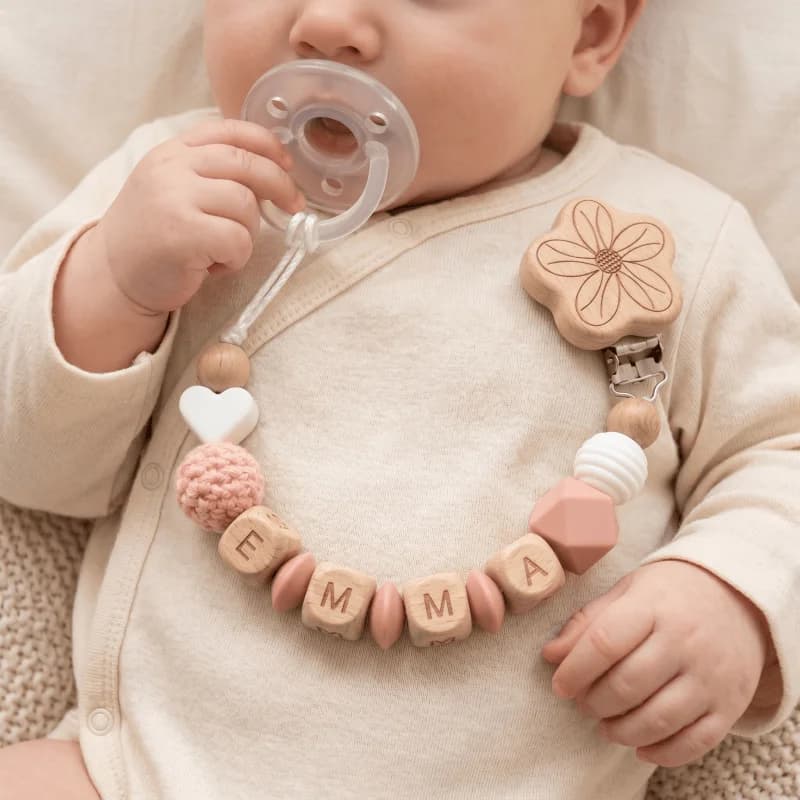 2026 Personalized Baby Pacifier Clip Custom Name Wooden Dummy Chain Silicone Teether Holder BPA Free Baby Shower Gift
