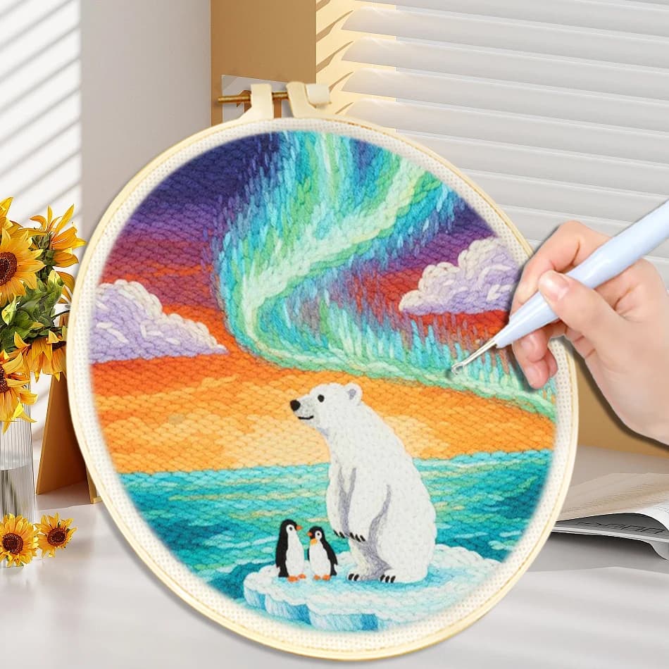 Aurora Bear Punch Needle Embroidery Kit Landscape DIY Rug Hooking Craft Set with Embroidery Hoop For Beginner Holiday Gift