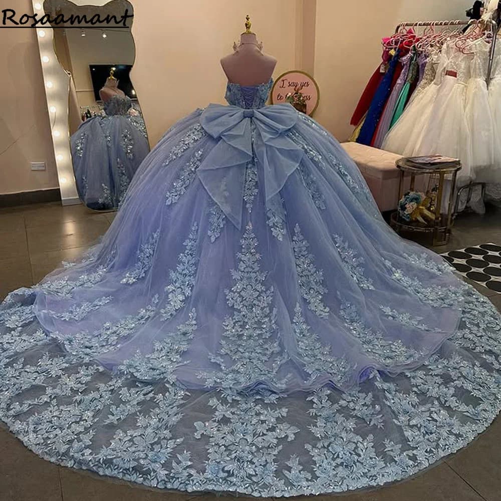 Glittering Lilac Quinceanera Dress With Bow Pink Beading Lace 3D Flower Birthday Party Princess Vestidos De 15 Anos