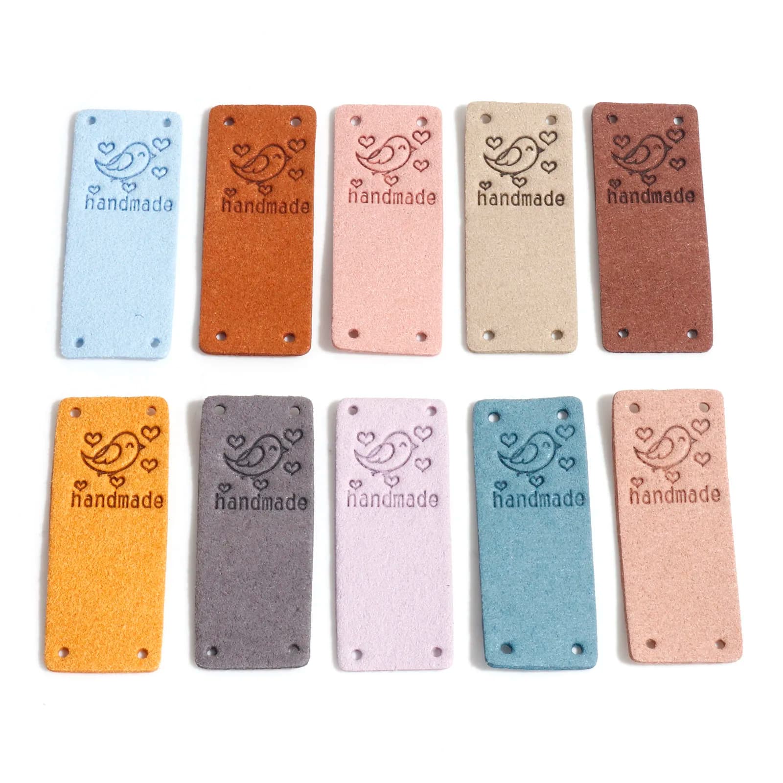 10 pezzi etichette in PU rettangolo modello di uccello "fatto a mano" etichetta per indumenti in finta pelle scamosciata abbigliamento accessori per cucire in rilievo 5cm x 2cm