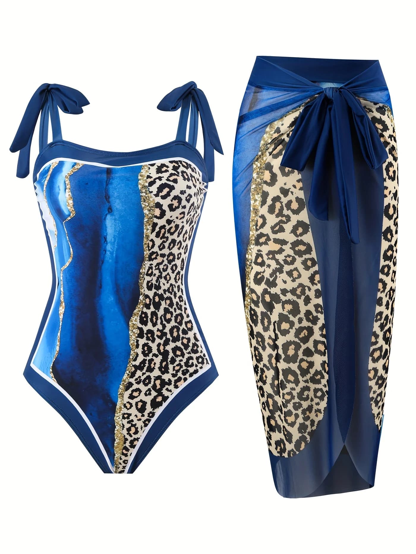Women's Two-Piece Swimsuit Set with Leopard Print Patchwork, Strapless Swimsuit, Mesh Tie-Up Skirt, Beach Vacation