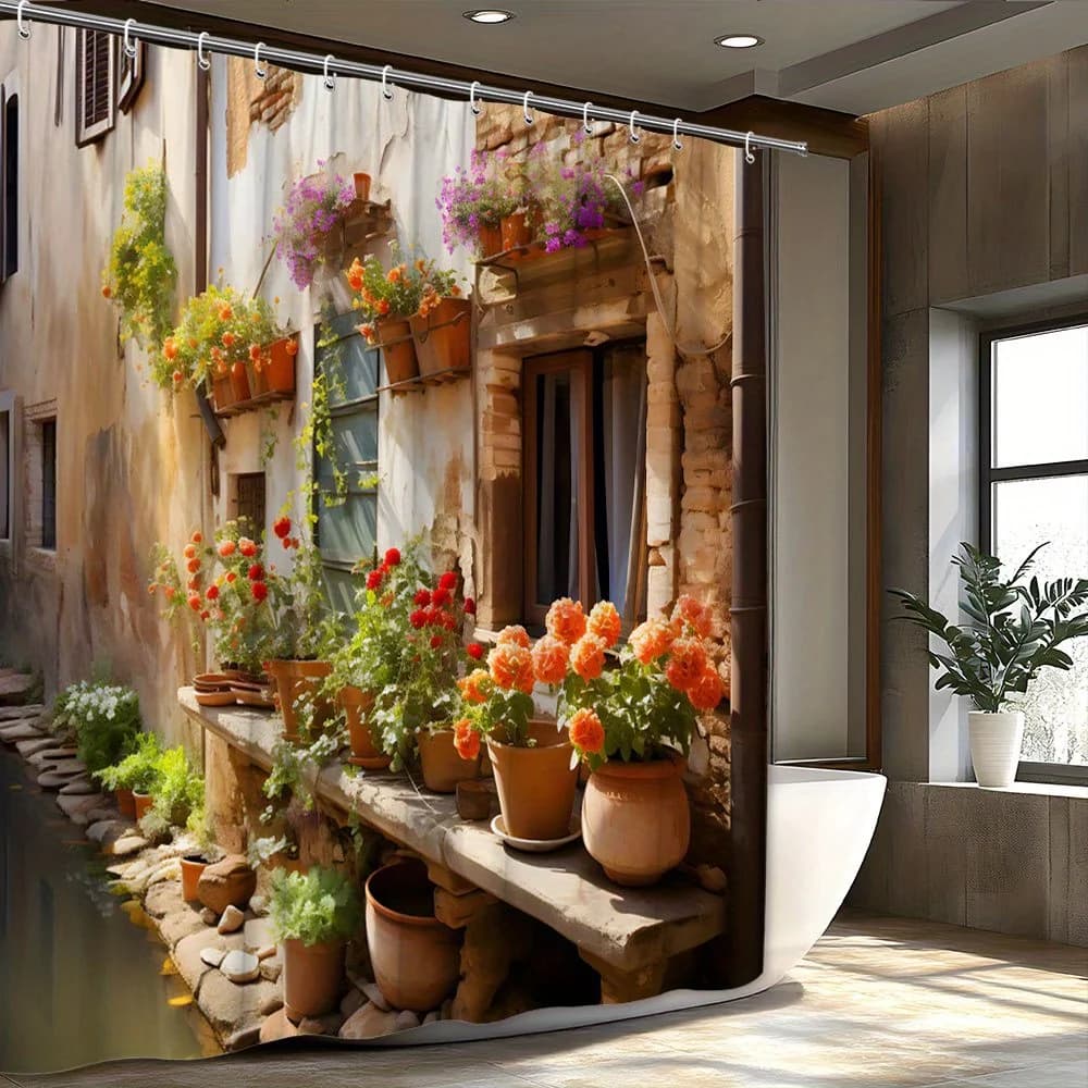 Tenda da doccia del canale europeo Serene - Edifici in pietra rustica con fiori vivaci, design del canale tranquillo, arredamento bagno vintage