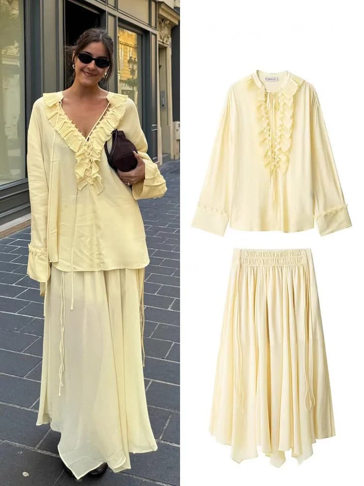HH Abito gonna elegante da donna Camicia ampia in pizzo a maniche lunghe tinta unita + Set gonna lunga casual con decorazione a pieghe con cerniera