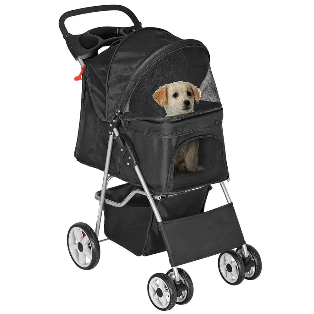 Pet Stroller, 4 Wheels Cat Strolling Cart, Travel Carrier, Waterproo Puppy Jogger Stroller with Storage Basket & Cup Holder
