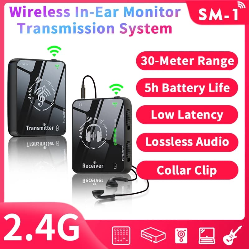 Sistema di Monitoraggio Auricolari Wireless JAMJUM 2.4G con Trasmettitore e Ricevitore per Streaming Stereo