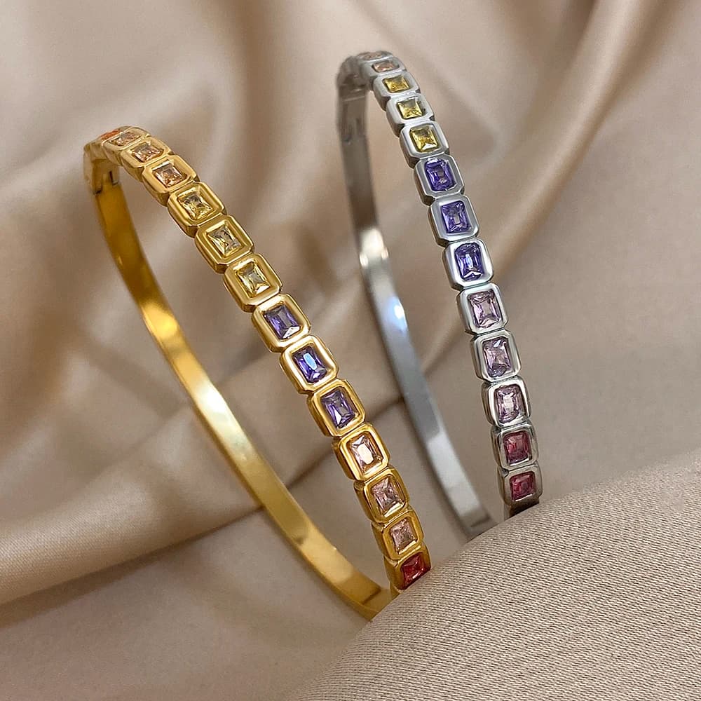 Braccialetti in acciaio inossidabile con perline quadrate con zirconi colorati per le donne Gioielli impermeabili con polsino impilati color oro argento alla moda