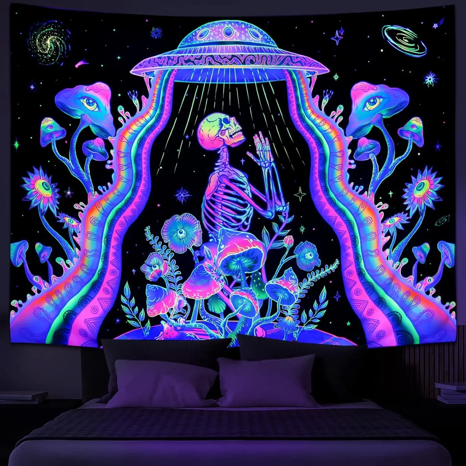 Blacklight Skull Tapestry For Bedroom, Glow In The Dark Mushroom Floral Wall Hanging, Black Light UFO Skeleton Tapestry