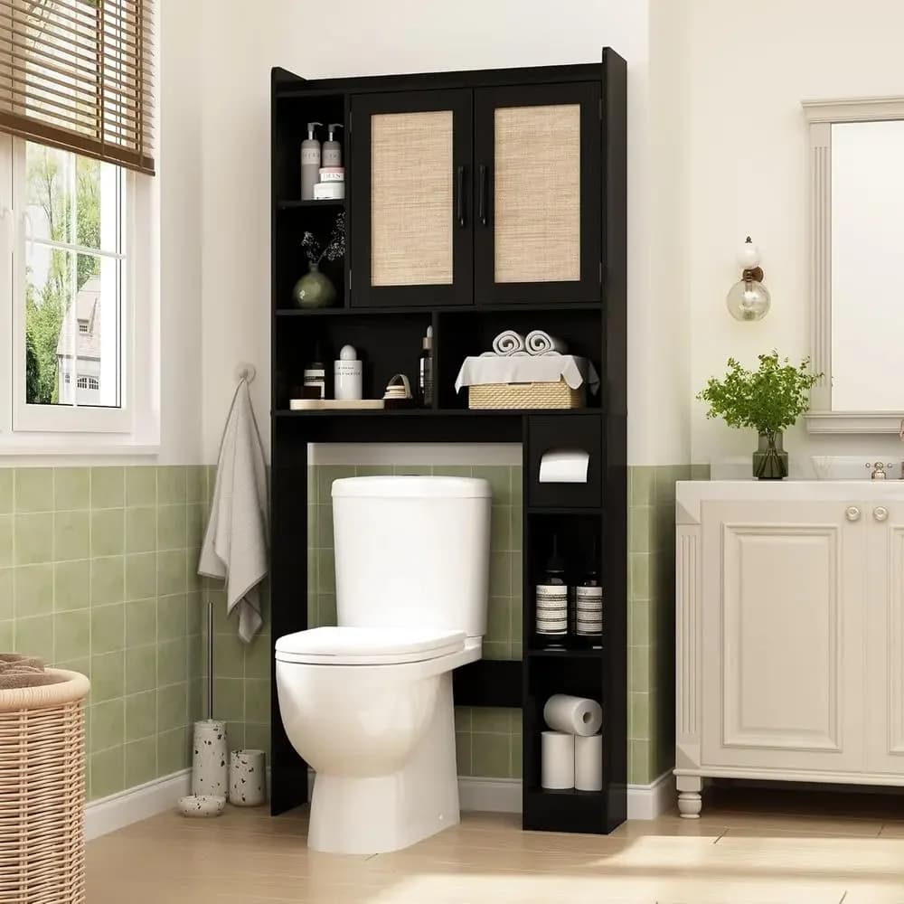 Mobiletto Salvaspazio da Bagno Sopra il WC con 2 Ripiani Regolabili, Organizzatore Stile Bohemien, Porta Carta Igienica per un Spazio Ottimizzato