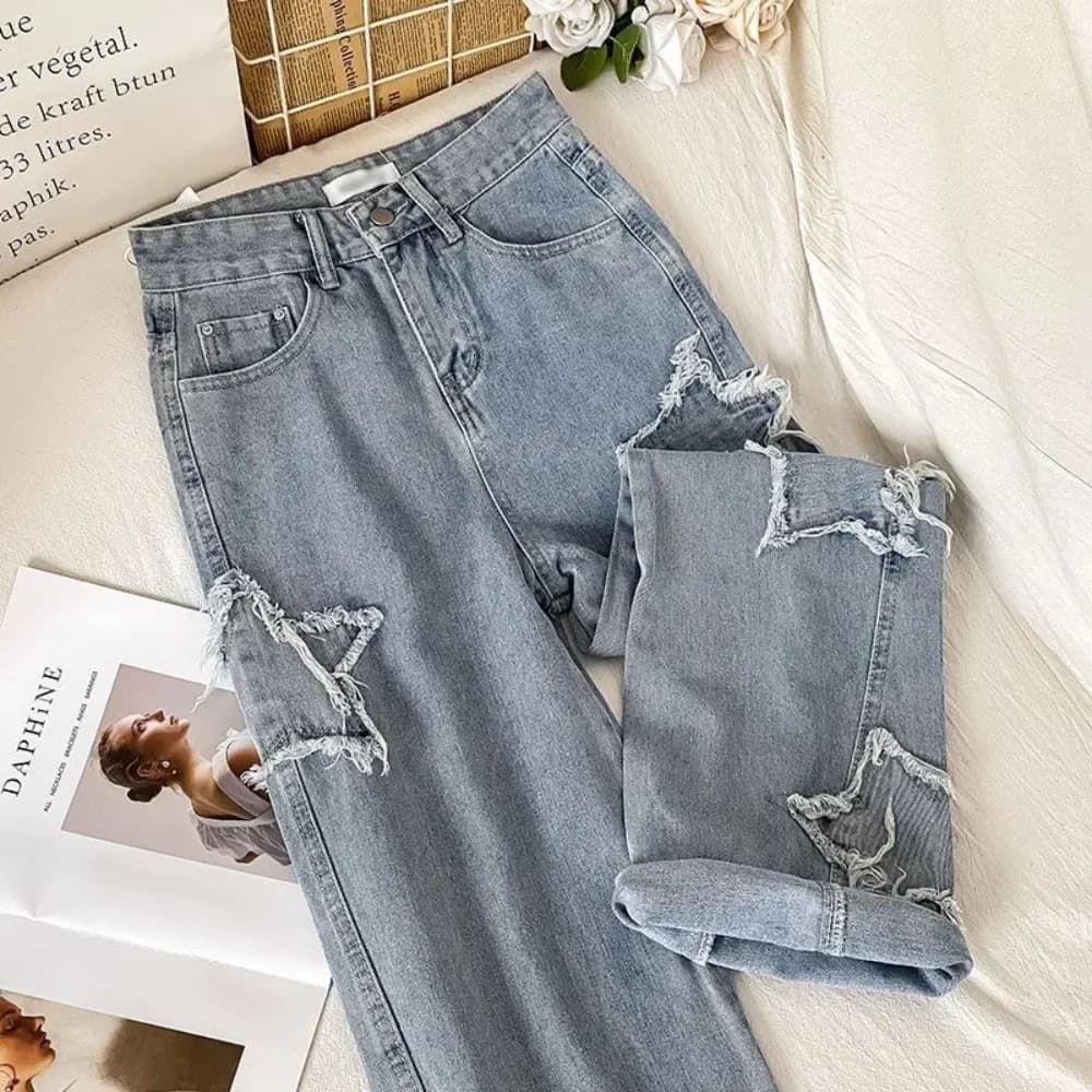 Denim popolare Ins moda coreana con stella 2024 primavera autunno nuovi Jeans larghi a vita alta con gamba dritta