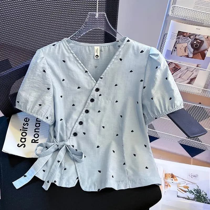 Abbigliamento donna Coreano Allacciatura Stampa Camicetta giovanile Manica corta Scollo a V Camicia moda a pois irregolari Top Casual Dolce estate