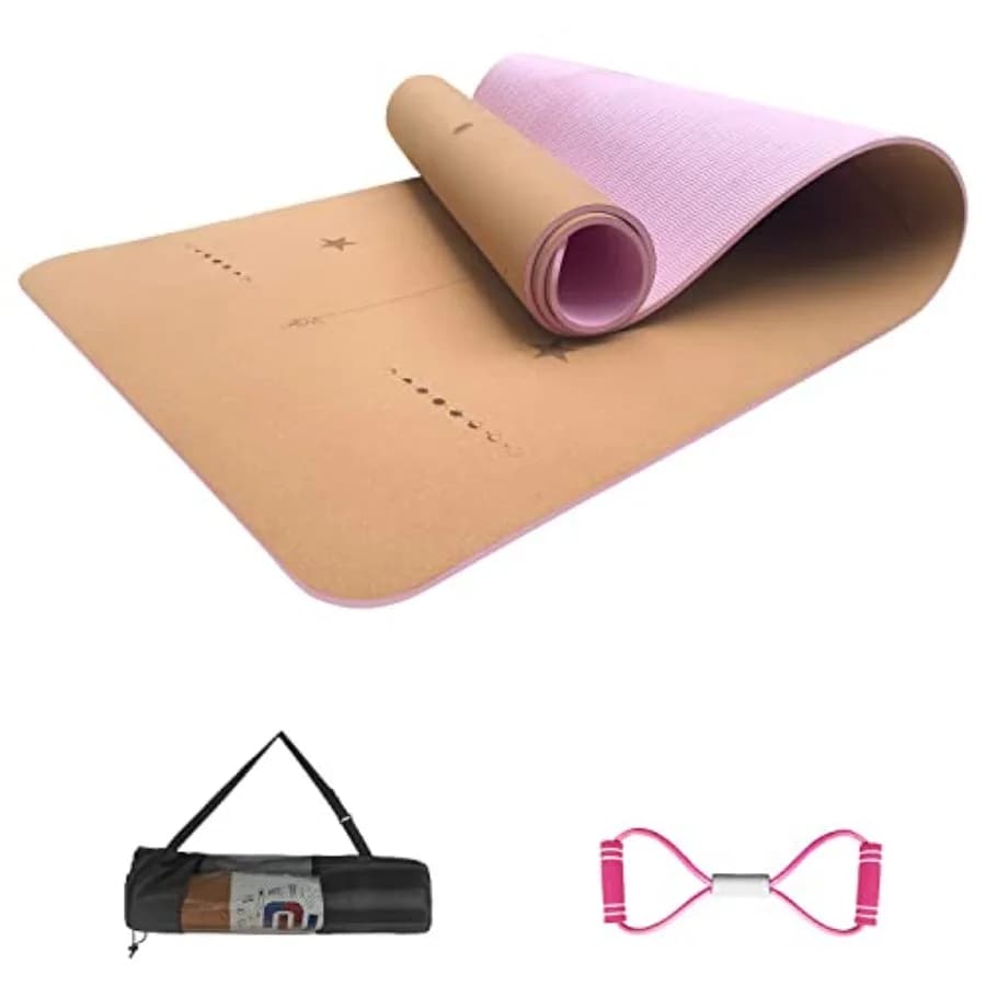 Tappetino da yoga Numat Cork, spessore 6 mm (1/4 di pollice), 72 x 24 pollici, antiscivolo, resistente al sudore, ecologico, leggero, in schiuma TPE con linee di allineamento.