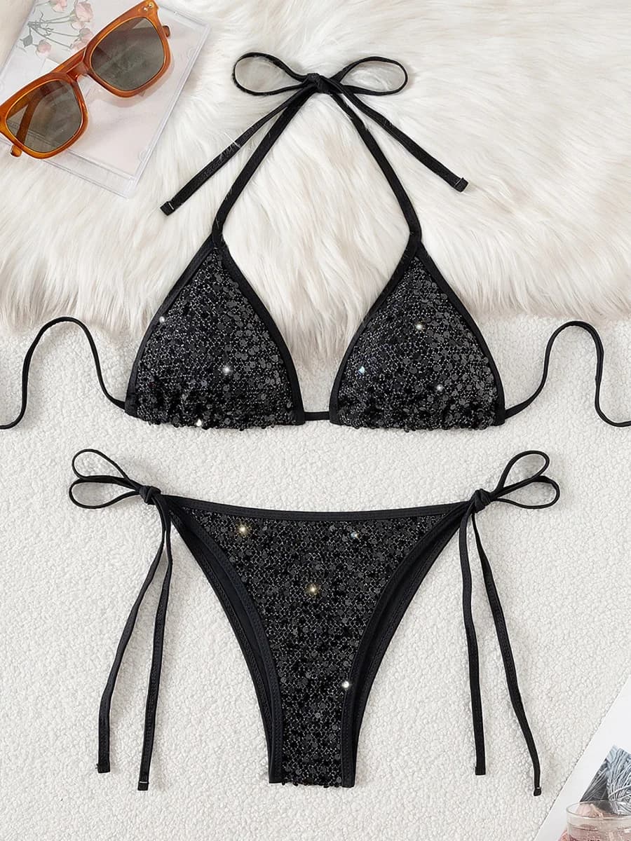 Bikini con Paillettes Scintillanti e Halter, Costume da Bagno Femminile a Due Pezzi con Taglio Alto, Set Bikini da Donna