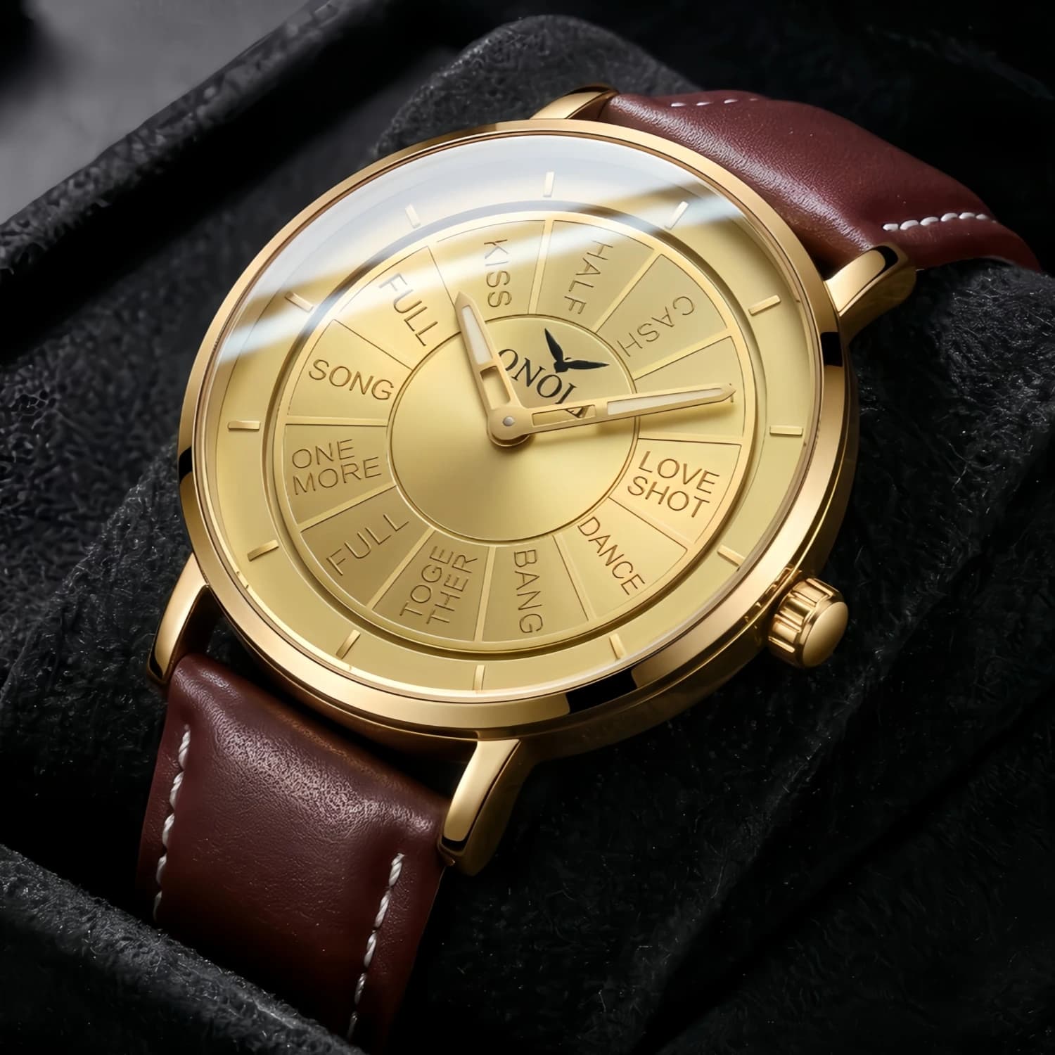 ONOLA Men's Creative Quartz Dial Watch Alloy Case Seam Leather Strap Fun Carving Text Dial Minimalist Waterproof Business Gift