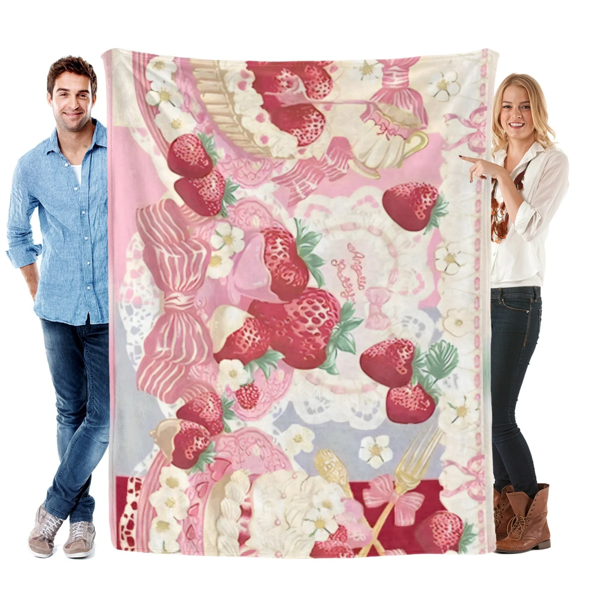 Coperta in flanella con motivo dessert alla fragola, divano da camera da letto morbido e confortevole, adatta per regalare le persone al miglior regalo