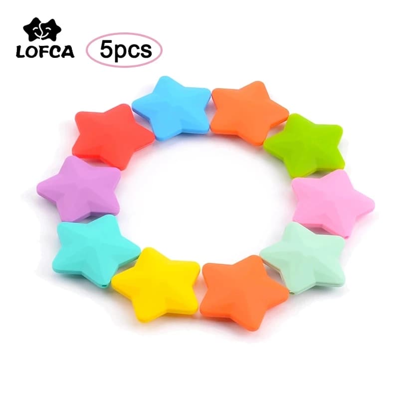LOFCA 5 pezzi perline in silicone morbidi perline per la dentizione del bambino gioielli fai da te braccialetto collana e ciondolo massaggiagengive in silicone a forma di stella