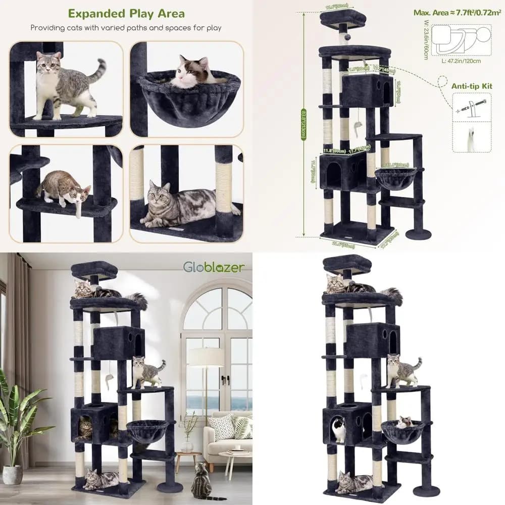 Albero per Gatti da Interno XXL 83 con 9 Poste per Tirare, per Gatti di Taglia Grande Oltre 9 kg, Grigio Scuro