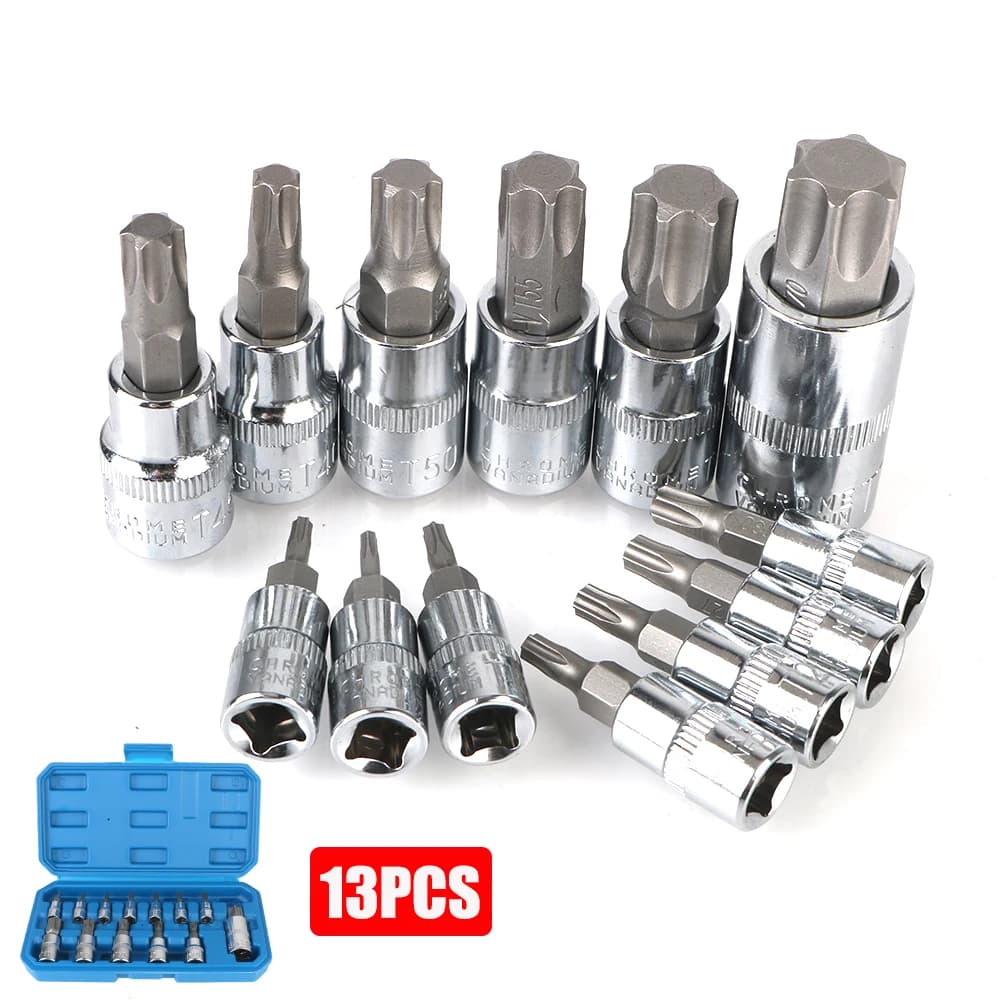 1/4 "3/8" 1/2 "Drive 13 Pcs T8-T70 strumenti di rimozione dell'auto per chiave dinamometrica a cricchetto chiavi a bussola strumenti Set di chiavi a bussola Torx Bit