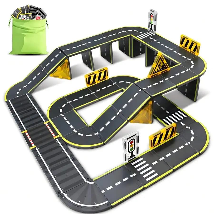 16/26 pz. Piastrelle Magnetiche per Costruzioni, Giocattoli Puzzle, Modelli Stradali e Ferroviari a Doppia Faccia, Tema Trasporti, Pianificazione Stradale