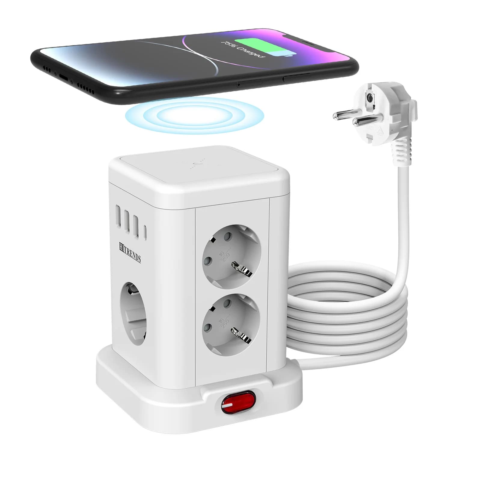 Intelligent power card 15-in-1 wireless fast charging socket 3680W 3USB-A and 1USB-C 2 meter extension cable main control switch