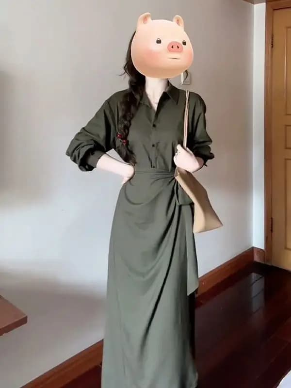 Green Collar Dress Women's Autumn 2025 High Waist Slim Fit Long Shirt Dress Elegant Style A-Line Skirt Polyester Fabric