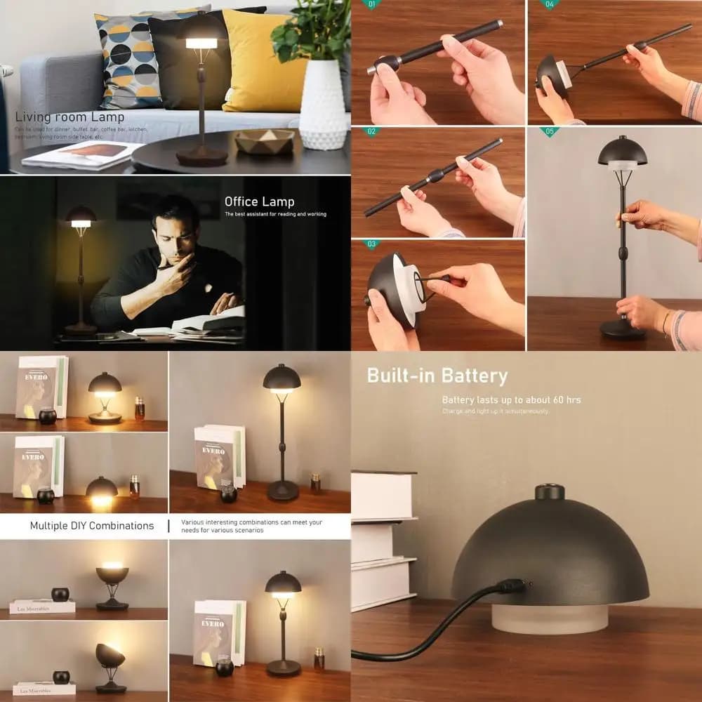Portable LED Desk Lamp with Warm Light 2700K, Gradual Dimming, Rechargeable Battery, USB-C Charging, Ideal for Bedroom, Restaurant