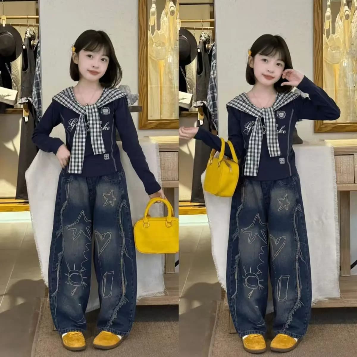 Completo Autunnale per Ragazze 2025, Nuovo Set con Jeans Ricamati, Top a Maniche Lunghe Stile Western Casual e Trendy