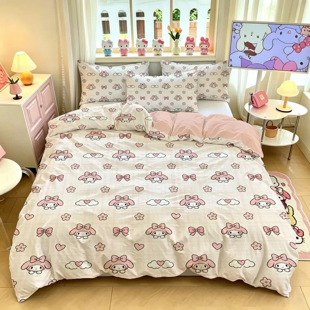 Set di biancheria da letto in cotone Sanrio Hello Kitty, misura doppia, morbida copripiumino con federa, graziosi lenzuola con cartoni animati per ragazze, regalo per dormitorio