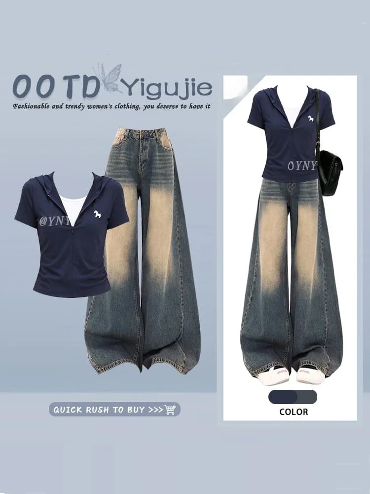 Sweet Cool Style Loose Leg Jeans Two-Piece Set Women's Casual Summer Top Bottoms Matching Short Sleeve T-Shirt High Waist
