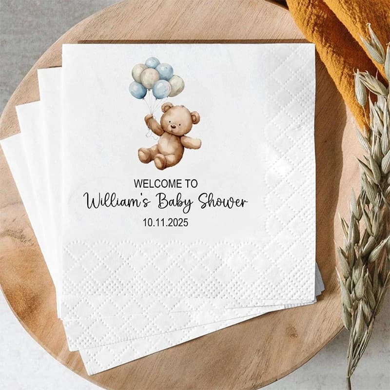 Tovaglioli personalizzati per baby shower con orsetto in peluche con palloncino Tovaglioli da cocktail personalizzati per baby shower