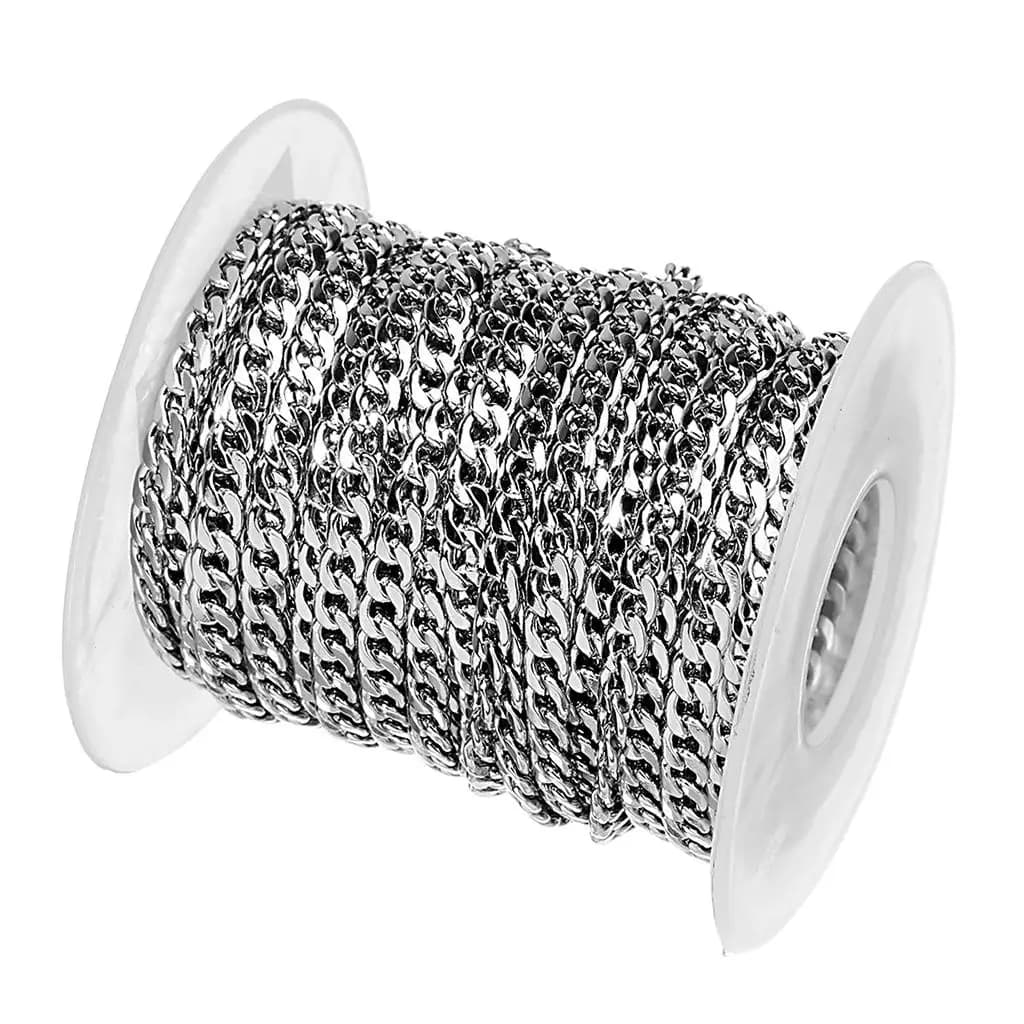 Catena a maglia curba in acciaio inossidabile da 3 mm, resistente, colore argento, in rotolo, per estensione di collane e bracciali