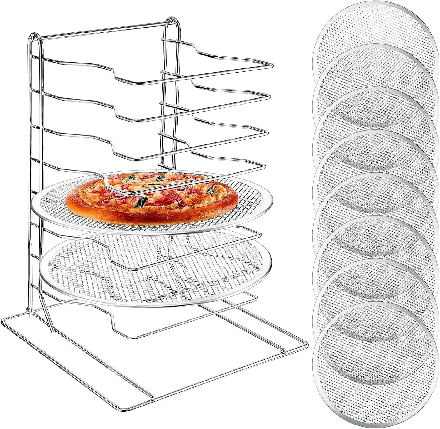 Pizza Rack 8 Tiered Stand With 8 Aluminum Baking Pans With Holes Commercial Pizza Display Shelf Countertop Cooling Rack Set For Home Restaurant Kitchen 12 Inch
