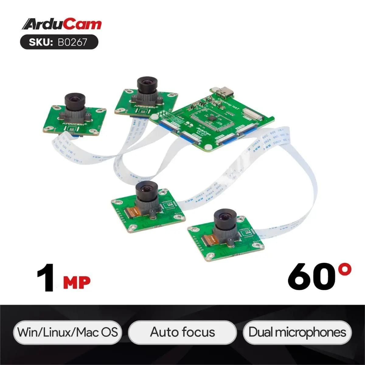 Arducam 1MP*4 Kit fotocamera monocromatica quadrascopica per Raspberry Pi, quattro moduli fotocamera con otturatore globale OV9281 e Camarray