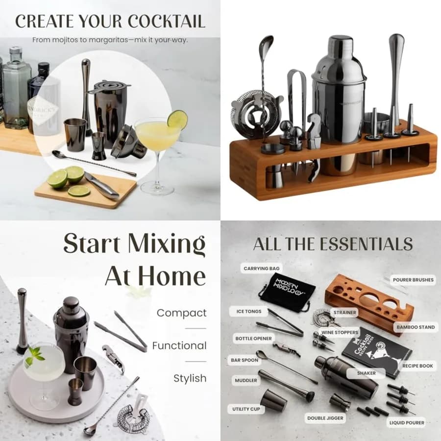 Set Professionale per Cocktail con Supporto, Kit Completo da Barman, Shaker Martini da 24oz, Jigger, Colino, Cucchiaio da Bar, Pinze, Apribottiglie