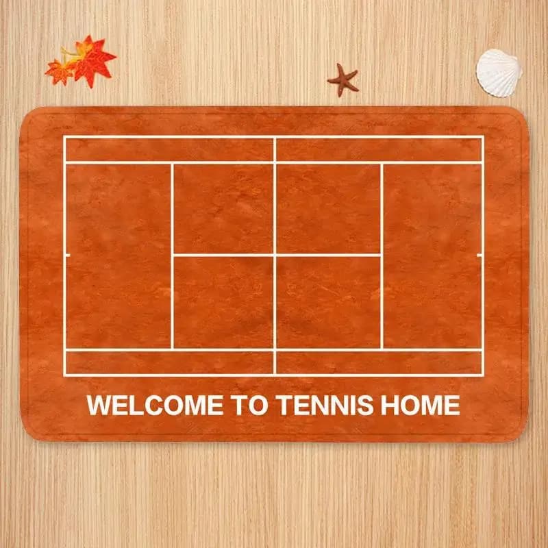 Tappeto a tema sportivo Tappetino da tennis Modello di campo da badminton Testo di benvenuto Blu Arancione Verde Decorazione atletica vibrante Tappeto per la decorazione della casa