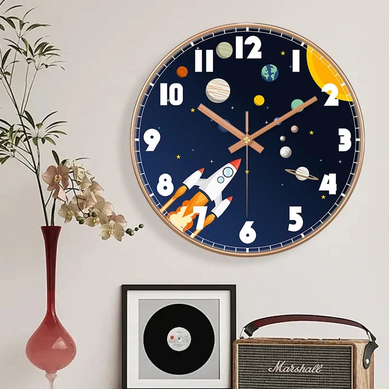 Outer Space Wall Clock Silent Non-Ticking Cartoon Rocket and Solar System Design Quartz Clock for Boys Bedroom Nursery Classroom