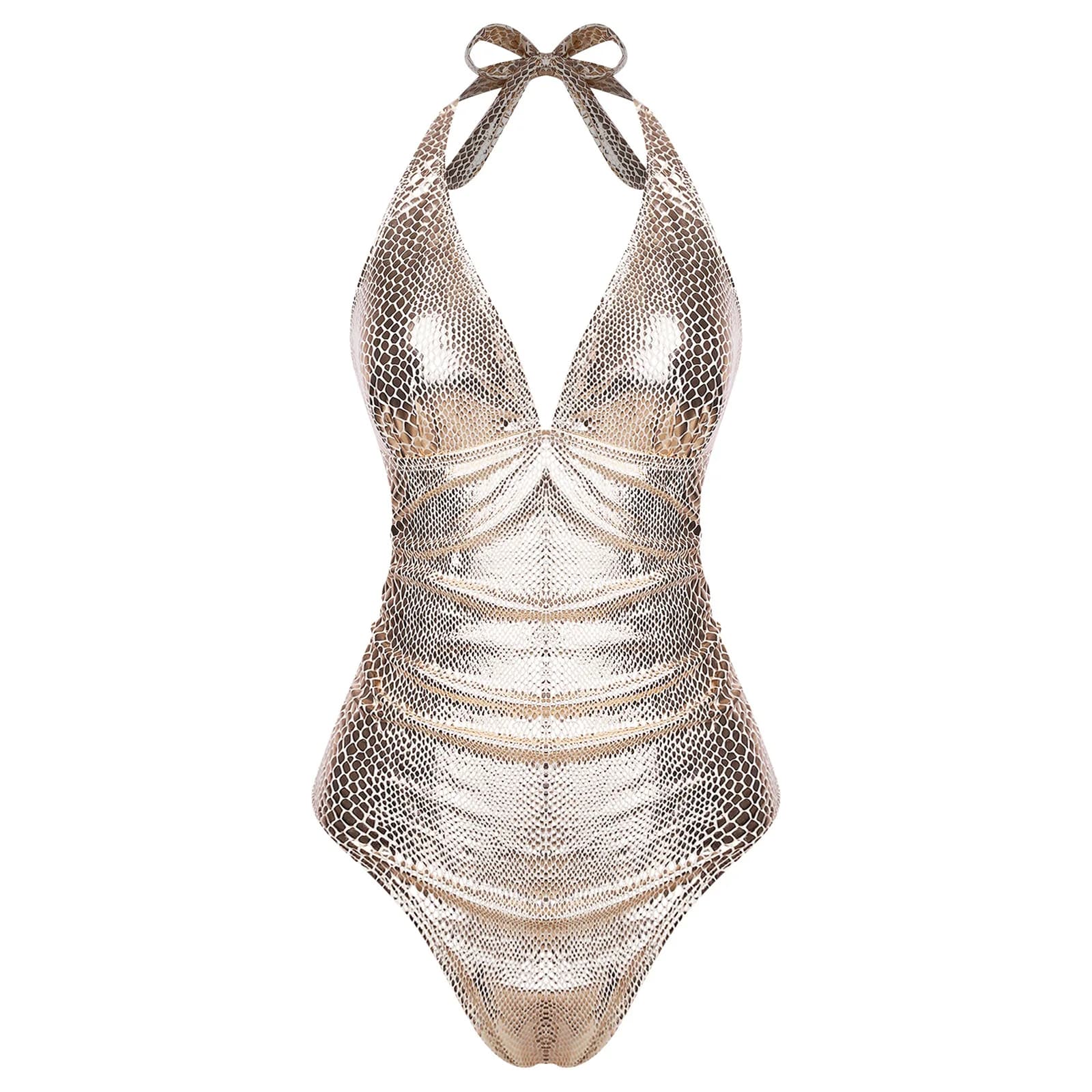 Costume da bagno intero da donna metallizzato lucido con motivo serpente e allacciatura all'americana
