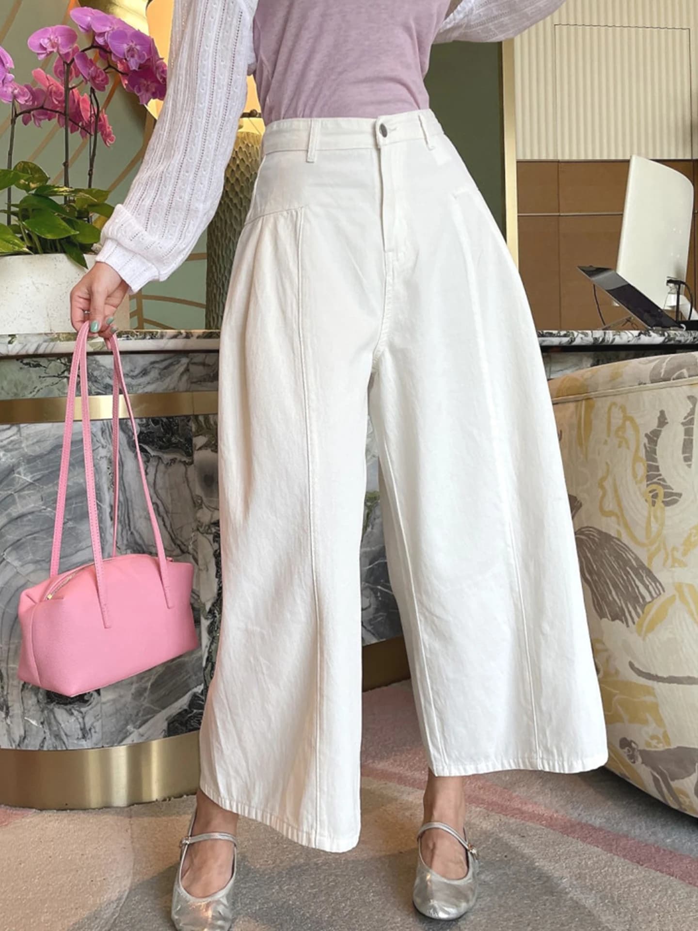Korean Style Side Pleated Wide Leg Nine-Tenths Jeans Women's Summer New High Waist Slim Straight Casual Pants