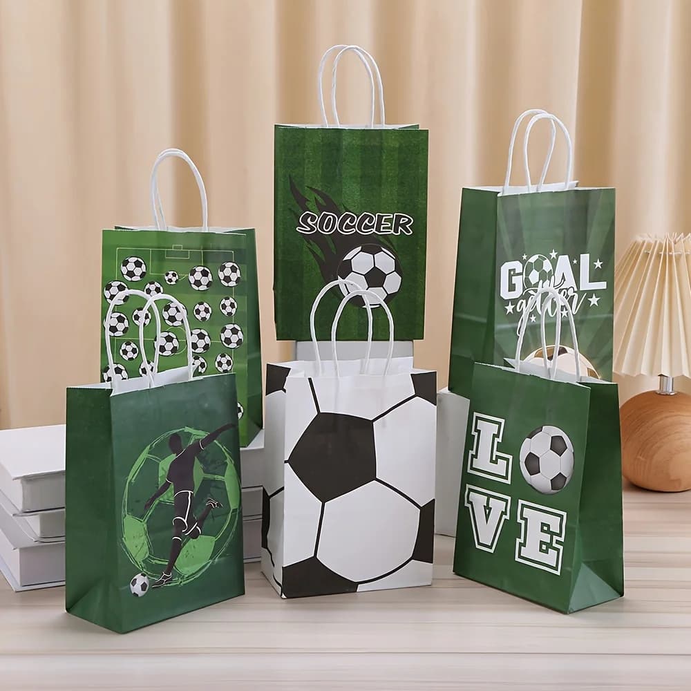 12 sacchetti regalo con stampa di palloni da calcio e manici, decorazioni e articoli per feste a tema calcio