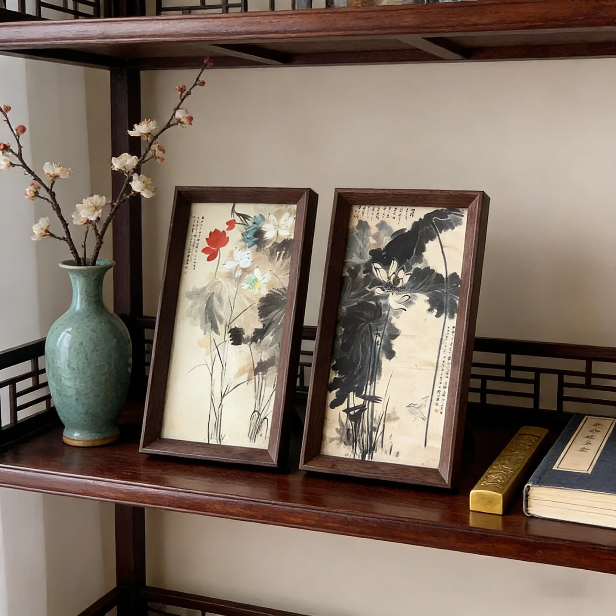 Painting framed in Chinese style, floral painting, ink design, lotus flower, frame for paintings, table decoration, table and wall ornament
