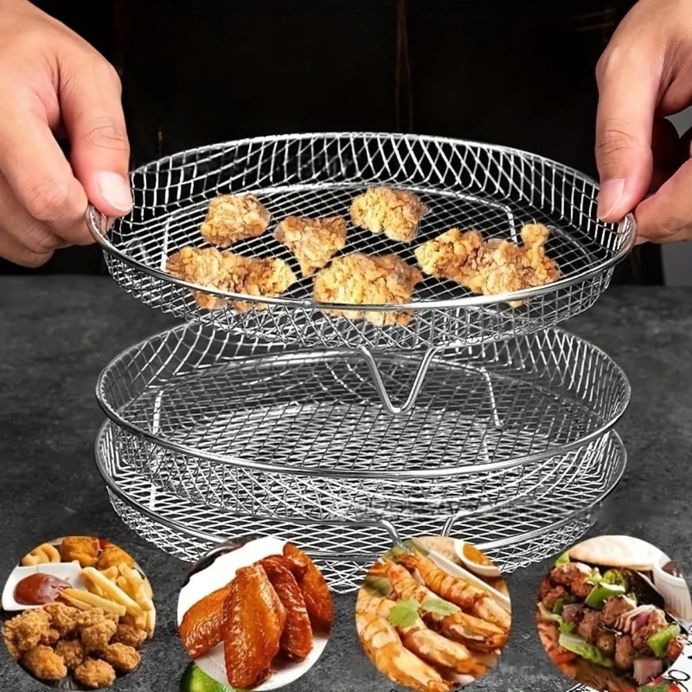Accessorio per Friggitrice ad Aria in Acciaio Inossidabile, Set da 3 Pezzi, Griglia per Cottura a Vapore e Grigliatura, Griglia per Asciugatura, Griglia da Cucina Impilabile