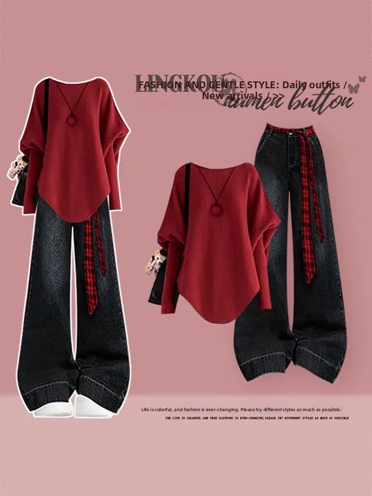 Sli Top red knitted and high waist slimming jeans Two-piece set for women Beautiful autumn winter Faion Retro Sle