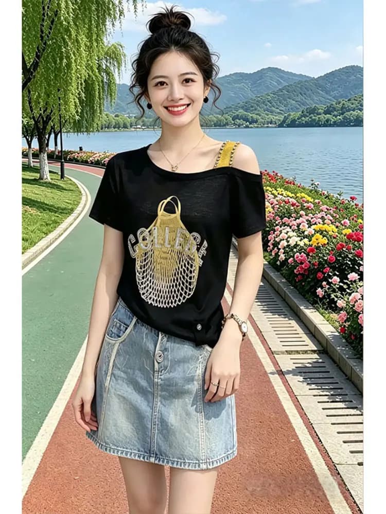 Elegant Printed Short Sleeve T-Shirt Women's Shoulder Bared Slimming Top Summer New Arrival Korean Style Casual Breathable