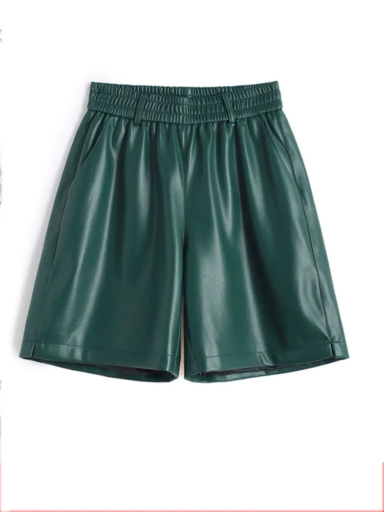 Fashionable Stylish 100% Leather Five-Point Pants For Women Femme Elastic Waist Wide Leg Shorts With Pocket