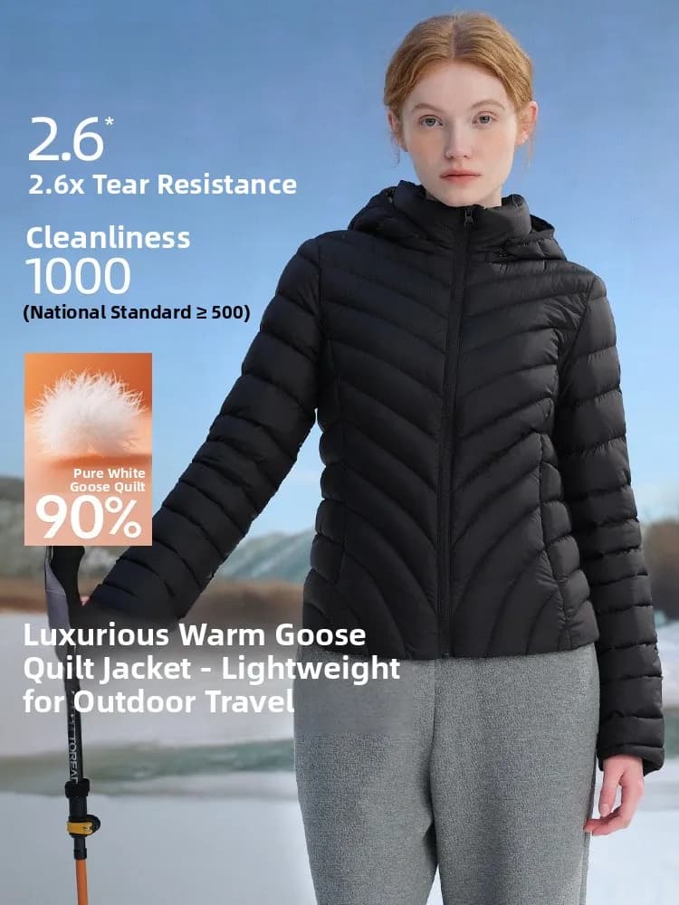 Lightweight Goose down Jacket Women's Short Style Outdoor Sportswear Warm Fitted Waistcoat Hooded White Goose Feather Coat