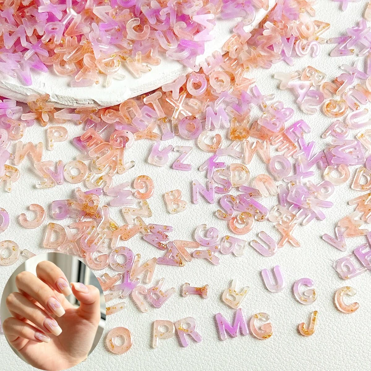 50 Pieces Nail Decorations with 3D Resin Letters, Gradient Effect in Luminous Gold Lamina, for Custom Manicure and Craftsmanship