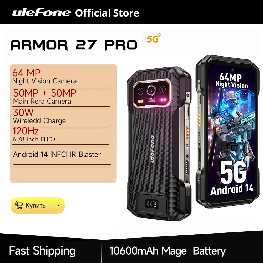 Ulefone Armor 27 Pro 5G 10600mAh Smartphone 50MP Fotocamera 64MP Notte Android 14 Telefono robusto Fino a 24GB + 256GB NFC Telefono impermeabile